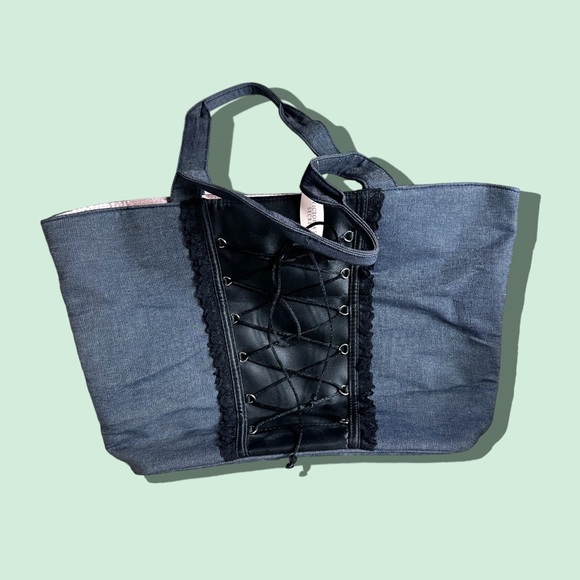 Victoria's Secret Handbags - NWT Victoria’s Secret Denim Black Lace Corset Pink Silk Lined Tote Bag